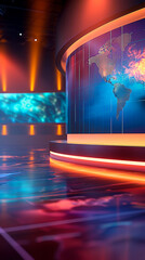 Modern 3D Render of News Studio Space with World Map on Flat Screen, Vibrant Lighting and Sleek Design for Broadcasting Background