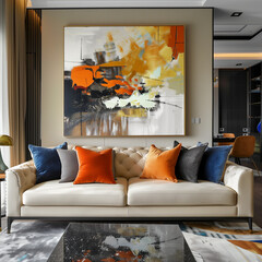 A sofa for 4 people inside the interior and a warm wall art