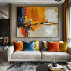 A sofa for 4 people inside the interior and a warm wall art