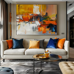 A sofa for 4 people inside the interior and a warm wall art