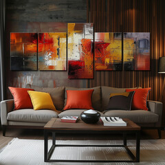 A sofa for 4 people inside the interior and a warm wall art