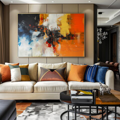 A sofa for 4 people inside the interior and a warm wall art