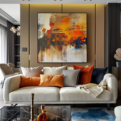 A sofa for 4 people inside the interior and a warm wall art
