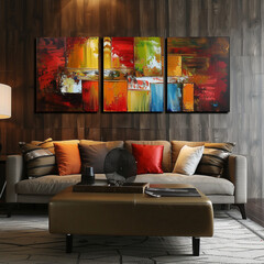 A sofa for 4 people inside the interior and a warm wall art