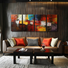 A sofa for 4 people inside the interior and a warm wall art