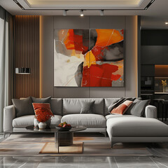 A sofa for 4 people inside the interior and a warm wall art