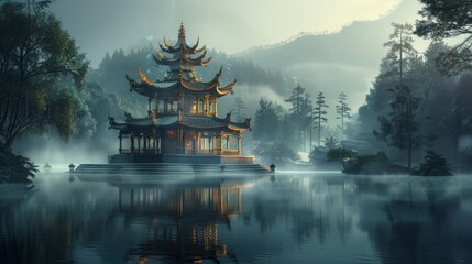 An ancient pagoda with ornate, curved roofs stands in the middle of a tranquil lake
 - Powered by Adobe