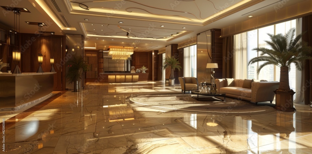 Poster expansive lobby with ample space and an abundance of stylish furniture, creating a welcoming and com