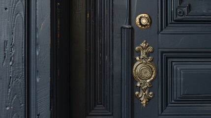 Mystery black door. Ornate gold door handle. copy space