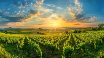 Fototapeta premium panoramic view of a summer vineyard at sunset. green vineyard rows at sunset