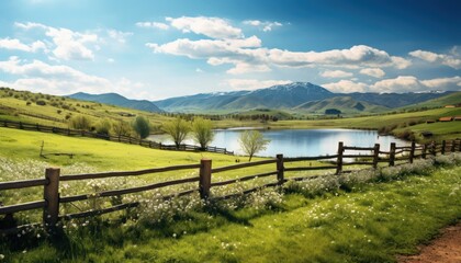 A stunning spring day landscaping views of fertile land surrounded beautiful green vegetation, wide stretches of hills and mountains with clear skies in spring