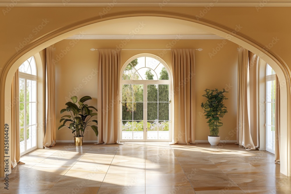 Poster a large, open room with a tan color scheme and a large archway