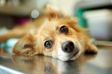 Close up portrait of a dog lying on a table in a clinic. The concept for the development of veterinary clinics, treatment and care of animals.
