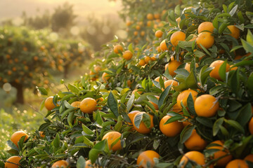 Oranges growing on trees in the garden, agribusiness business concept, organic healthy food and non-GMO fruits 
