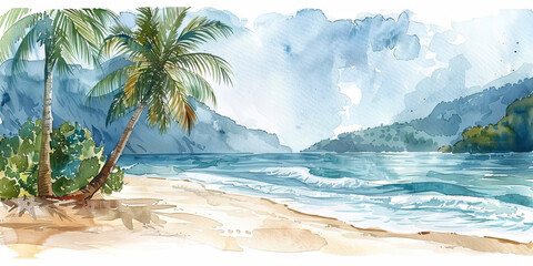 Watercolor Beach Landscape with Tropical Palm Trees and Mountains