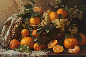 A beautiful painting depicting an orange, grapes and a basket standing on the table.