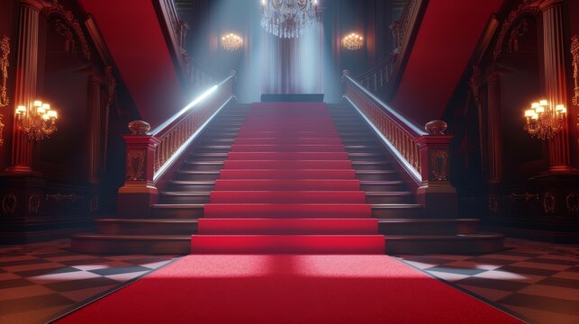 Red carpet with spotlight and flash. Red carpet and ceremonial VIP staircase, close up. VIP luxury entrance with red carpet. interior of the palace. digital ai