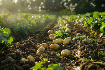 Potato tubers lying in the garden. Harvest concept.