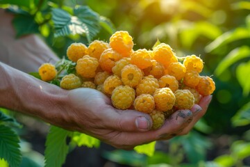 Yellow raspberry harvest in the hands of a farmer close-up. Harvest berries concept.
