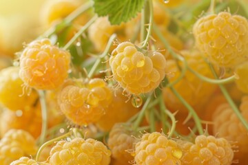 Harvest of yellow raspberries hanging beautifully on the branches. Harvest berries concept.
