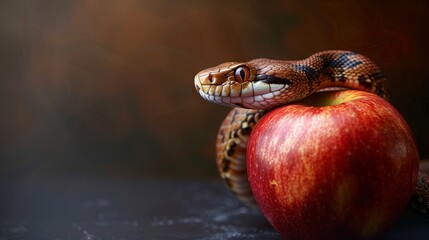 Snake with an apple fruit. Forbidden fruit concept.