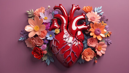 Naklejka premium A stylized anatomical heart made of glossy material, adorned with various vibrant flowers in shades of red, pink, and peach, set against a solid mauve background