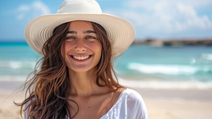 A joyful young woman in a white hat smiles at the beach under a sunny sky, enjoying a carefree moment by the ocean. She exudes happiness and relaxation in the beautiful outdoor setting