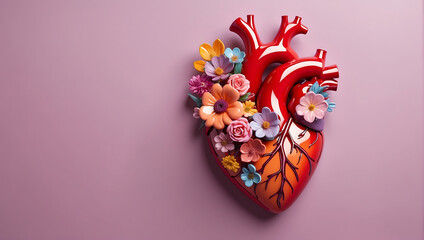 Fototapeta premium A stylized anatomical heart made of glossy material, adorned with various vibrant flowers in shades of red, pink, and peach, set against a solid mauve background