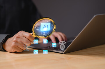 A person is looking at a laptop with a magnifying glass on it. The laptop screen shows a blue and white logo that says AI