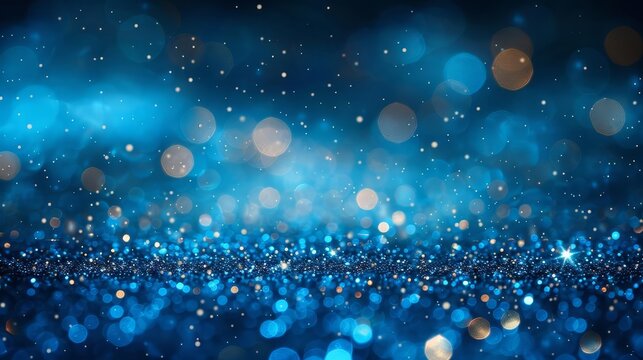 Magic blue holiday abstract glitter background with blinking stars. Blurred bokeh of Christmas lights. Happy New Year and Merry Christmas banner. festive backdrop
