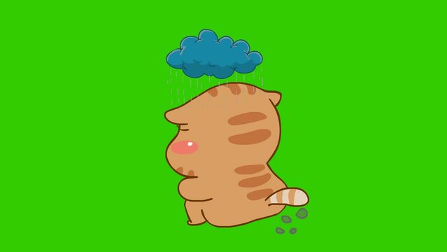 Animated Chubby Cat Feeling Sad and Farting Loudly - Green Screen
