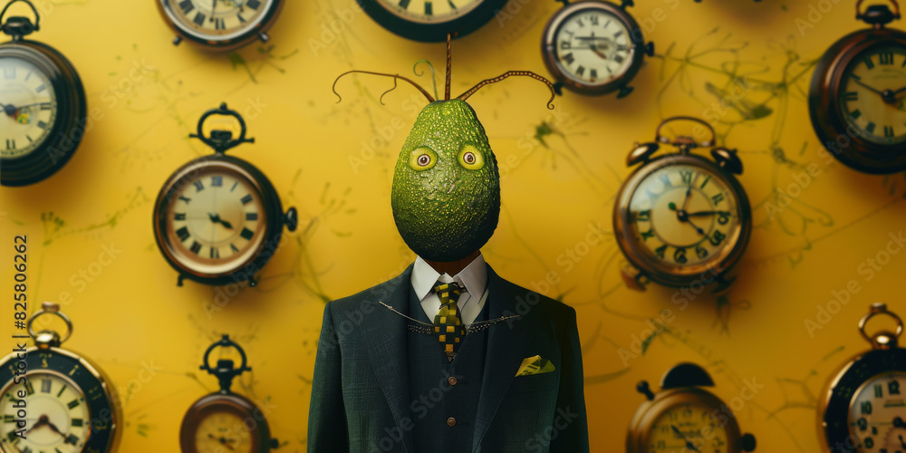 Wall mural surreal avocado head in suit with vintage clocks background conceptual art