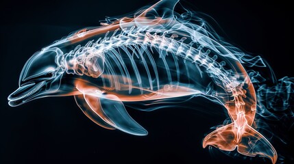 Obraz premium X-ray film of a dolphins fin detailing bone structure and alignment. X Ray Picture With dolphin's Skeleton for Treatment and Diagnosis. Space For Text. Animal Hospitals, Vet. Pet Scan.
