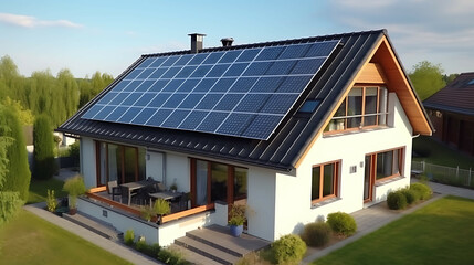 Solar panels on the roof of the modern house. Generative AI