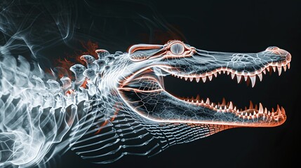 X-ray film of Crocodile lateral view closed up, Skeleton for Treatment and Diagnosis.