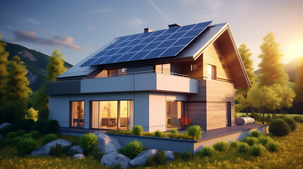 Modern eco-friendly passive house with solar panels on the roof. Generative AI