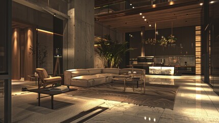 A large living room with a couch, coffee table, and a potted plant