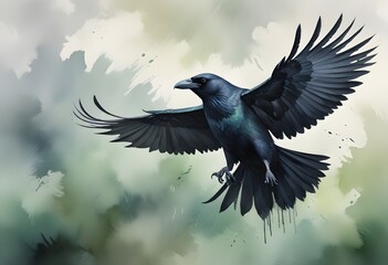 Naklejka premium Watercolor painting a majestic crow with iridescen
