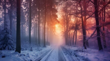 Frosty winter morning. road with frozen trees in forest, serene snowscape at dawn