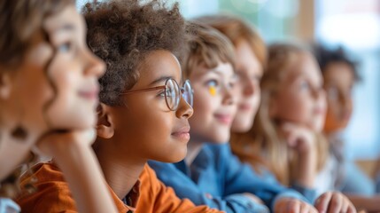 Four diligent pupils sitting in row and studying at classroom