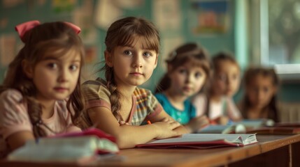 Fototapeta premium Four diligent pupils sitting in row and studying at classroom