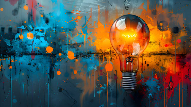 A lively creative brainstorming session with overlays of idea bubbles and mind map diagrams. The bold colors and intricate details, set against a minimalist background to highlight the creative flow
