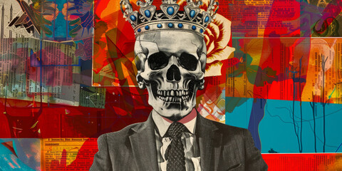 Skull in Suit with Royal Crown Against Vibrant Collage Background, Surreal and Artsy