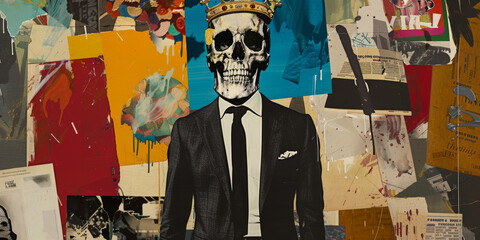 Fototapeta premium Surreal Skeleton in Suit and Crown Amid Collage of Vibrant Art