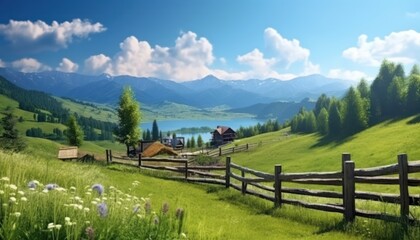 A stunning spring day landscaping views of fertile land surrounded beautiful green vegetation, wide stretches of hills and mountains with clear skies in spring