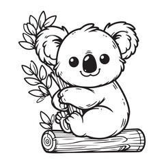 Obraz premium Line art of koala bear sitting on log and hugging the tree cartoon vector
