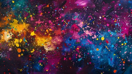 Vibrant display of multi-colored paint splatters, adding vibrancy and movement to the backdrop