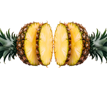 Pineapples isolated transparent background and Sliced ananas pineapple with drops of juice falling. Ai generative.