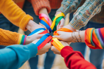 hand of LGBT women holding together with rainbow ribbon