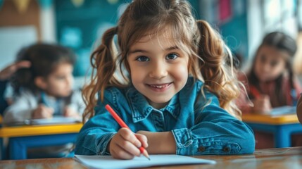 Female students are taking tests in elementary school and writing notes in the classroom.